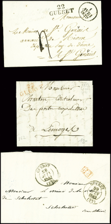 32 lettres de Guéret dont 2 marques manuscrites "Guéret" + paraphe manuscrit de franchise (L1 + L2). TB lot