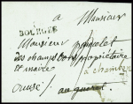 Lettre de Bourges pour Guéret réexpédiée à Chambon avec au verso MP rouge "Deb 22 Guéret" (1812), ind 18. TB