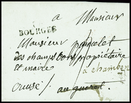 Lettre de Bourges pour Guéret réexpédiée à Chambon avec au verso MP rouge "Deb 22 Guéret" (1812), ind 18. TB