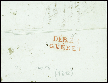 Lettre de Bourges pour Guéret réexpédiée à Chambon avec au verso MP rouge "Deb 22 Guéret" (1812), ind 18. TB