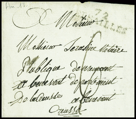 Lettre de Versailles pour Bénévent (an 13) avec au verso MP rouge "Deb 22 Guéret", ind 18. TB