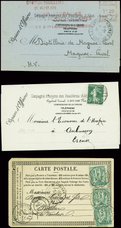 0 plis de Lavaveix-les-Mines (1869 - 1945) dont n°28 obl T24 "Lavaveix les Mines (22)" (1869) et n°75, 3 pièces obl conv station "Lavaveix les Mines"