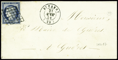 N°4 obl grille + T15 St Vaury (1851) sur lettre, jolie pièce