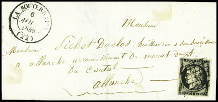 N°3 obl grille + T14 "La Souterraine (22)" (1849) sur lettre, ind 18. TB