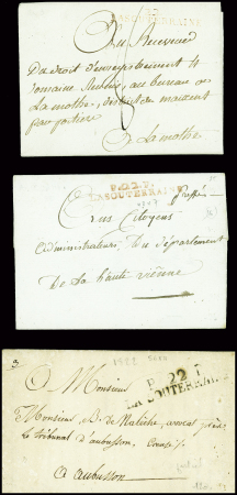 27 lettres de La Souterraine dont MP "La Souterraine" (1773) et MP rouge "P 22 P La Souterraine" (48x7mm - An 8 - ind 16) et noire (48x7mm - 1811)