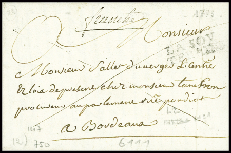 Lettre avec MP "La Sou-Teraine" + "franche" manuscrit (1773 - L1 + L2), ind 17 + ind 21. rare et TB