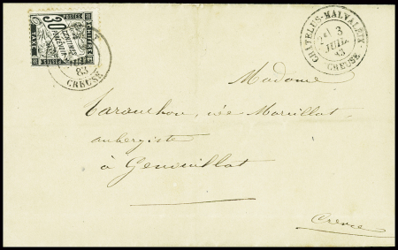 Restant de collection de la Creuse : 81 lettres : Ajain (1), Auzances (5), Bellegarde (4), Bonnat (5), Chatelux Malvaleix (9), La Courtine (2), Crocq (4)