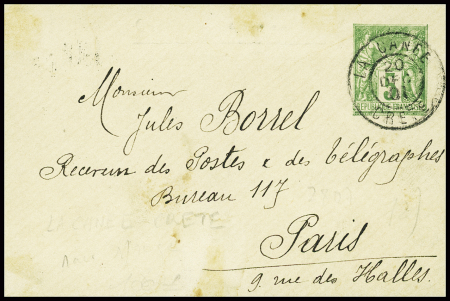 France n°102, env. entier postal 5c Sage vert-jaune obl CAD 2 cercles "La Canée Crète" (1901) pour Paris. TB