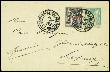 Levant n°4 obl CAD "Constantinople - Galata Turquie" (1896) en mixte sur entier 5c sage vert de France. TB