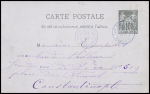 Entier carte postale 10c Sage de France obl CAD 2 cercles bleu "Les Dardanelles Turquie" (1887) pour Constantinople. TB