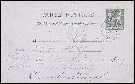 Entier carte postale 10c Sage de France obl CAD 2 cercles bleu "Les Dardanelles Turquie" (1887) pour Constantinople. TB
