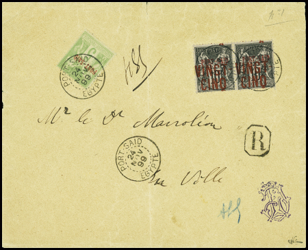 Port-Saïd n°5 + N°19 en paire (cote 440€) obl CAD "Port Saïd Egypte" (1899) sur lettre (pli central), signé JF Brun. TB
