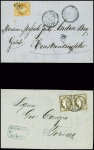 N°31, 40c orange, obl GC 5095 + T22 "Salonique Turquie" (1868) sur lettre pour Constantinople Galata et n°56 en paire obl T22 "Salonique Turquie" (1874)