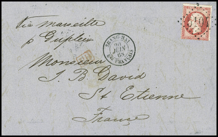N°24, 80c rose, obl GC 5104 + T15 "Shang-Haï Bau Français" (1868) sur lettre pour Saint Etienne, ind 20. TB
