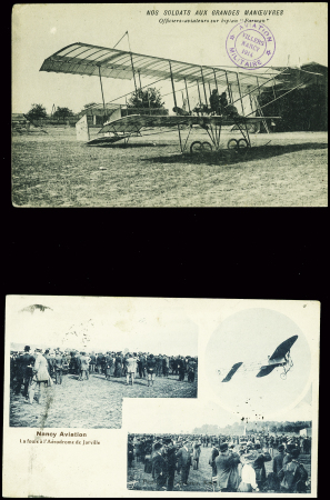 3 CP avec illustrations bleutées de Nancy aviation obl 1910, et 1CP neuve (avion Farman) avec petit cachet violet "aviation militaire Villers Nancy 1914"