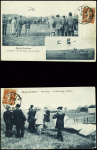 3 CP avec illustrations bleutées de Nancy aviation obl 1910, et 1CP neuve (avion Farman) avec petit cachet violet "aviation militaire Villers Nancy 1914"