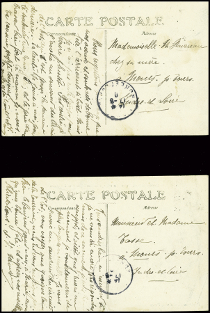 3 CP avec illustrations bleutées de Nancy aviation obl 1910, et 1CP neuve (avion Farman) avec petit cachet violet "aviation militaire Villers Nancy 1914"