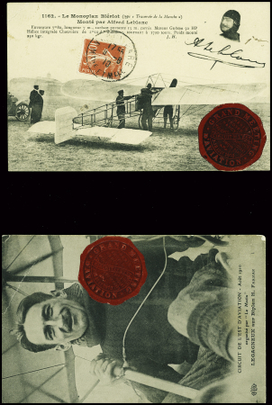 Carte postale "Circuit de l'Est - l'équipe Blériot" avec vignette grise "Circuit de l'Est Nancy 1910" + 3 CP avec vignette macaron rouge