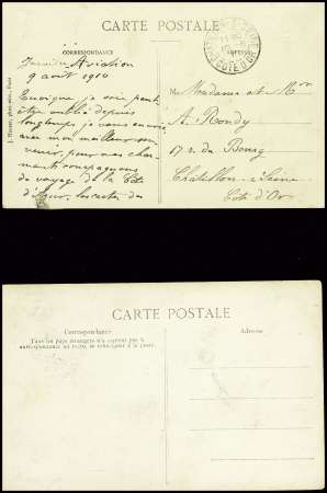 Carte postale "Circuit de l'Est - l'équipe Blériot" avec vignette grise "Circuit de l'Est Nancy 1910" + 3 CP avec vignette macaron rouge