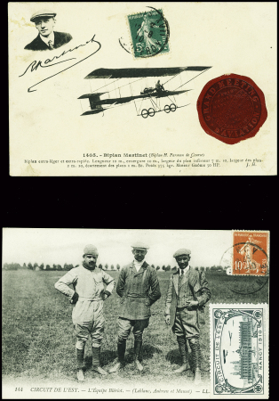 Carte postale "Circuit de l'Est - l'équipe Blériot" avec vignette grise "Circuit de l'Est Nancy 1910" + 3 CP avec vignette macaron rouge