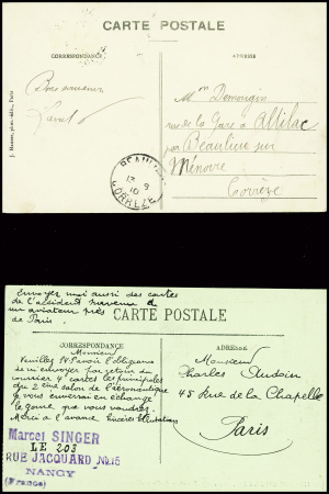 Carte postale "Circuit de l'Est - l'équipe Blériot" avec vignette grise "Circuit de l'Est Nancy 1910" + 3 CP avec vignette macaron rouge