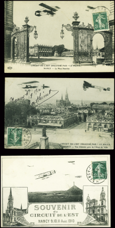 25 cartes postales du Circuit de l'Est d'aviation dont beaucoup avec portraits d'aviateurs en médaillon ayant voyagé. TB