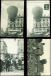 8 cartes postales sur l'accident du ballon Le Condor place Stanislas à Nancy (14 juillet 1908) dont série des 4 CP verticales des éditions H.Farnier.
