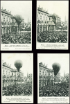 8 cartes postales sur l'accident du ballon Le Condor place Stanislas à Nancy (14 juillet 1908) dont série des 4 CP verticales des éditions H.Farnier.