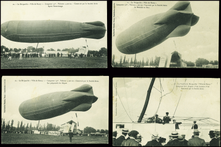 18 cartes postales du dirigeable "Ville de Nancy" dont une avec griffe violette "Cie Gle Transaérienne parc du dirigeable Ville de Nancy". TB