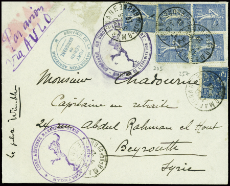 6/8.6.1929 Marseille - Beyrouth : Lettre AFF n°205, 5 pièces + 257 avec mention manuscrite "par avion via AULO" cachet violet