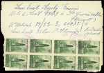 N°567, 10 pièces + 602, 2 pièces + 603, 2 pièces + 605 + 549 en paire + 652 en paire obl cachet rect violet "Payé Bédarieux 25 nov 1944" sur feuillet