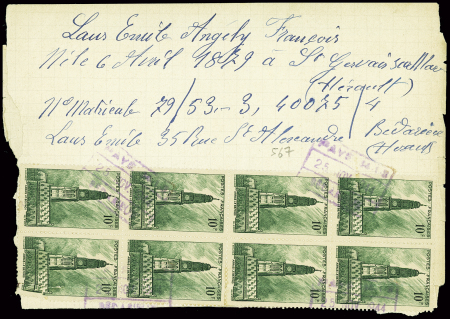 N°567, 10 pièces + 602, 2 pièces + 603, 2 pièces + 605 + 549 en paire + 652 en paire obl cachet rect violet "Payé Bédarieux 25 nov 1944" sur feuillet