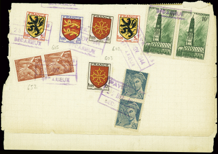 N°567, 10 pièces + 602, 2 pièces + 603, 2 pièces + 605 + 549 en paire + 652 en paire obl cachet rect violet "Payé Bédarieux 25 nov 1944" sur feuillet