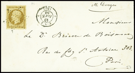 N°9, 10c bistre, 4 belles marges, obl étoile muette + CAD "3 Paris 3 (60)" (1861) sur lettre, signé Roumet. TB