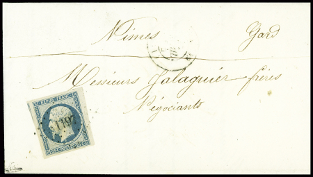 N°10, 25c bleu, obl PC 1197 (Espalion) sur lettre pour Nimes, signé JF Brun. TB