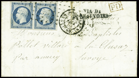 N°10 en paire obl rouleau de gros points + CAD de Paris "AS 2" (Pothion n°1510) sur lettre pour Annecy avec griffe "Via di Pt Beauvoisin". TB
