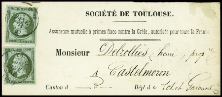 N°11, 1c olive, 2 pièces obl T15 Toulouse (1861) sur bande à en-tête "Société de Toulouse" (assurances), TB. Cote 620€