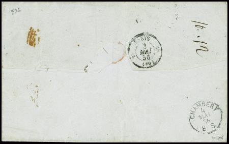 N°13 + 14, 2 pièces (2 nuances) obl rouleau de gros points + CAD "J Paris J" (1856) sur lettre avec correspondance pour Chambéry avec arrivée au verso