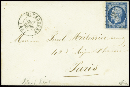 N°14Aa, 20c bleu sur lilas  obl PC 2009 + T15 "Mirecourt (82)" (1858) sur lettre, signé JF Brun. TB