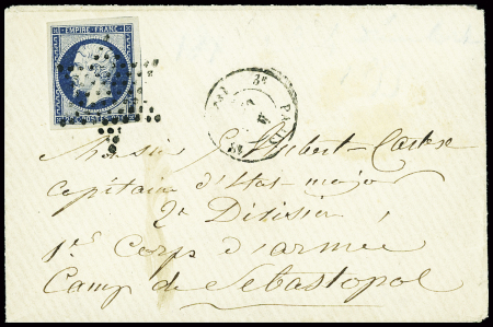 N°14 obl étoile muette + CAD "3e Paris 18 (60)" (dec 1855) sur lettre pour un capitaine du 1er corps d'armée au camp de Sébastopôl avec au verso CAD d'arrivée