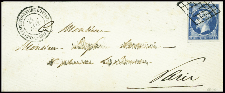 N°14 obl grille + CAD "Corps expéditionnaire d'Italie 2e division" (1857) sur lettre avec au verso grand cachet noir avec aigle