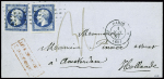 N°14, 2 pièces obl roulette de gros points + CAD "3e Paris 3 (60)" (1857) sur lettre taxée pour Amsterdam avec griffe rouge encadrée Affranchissement insuffisant"