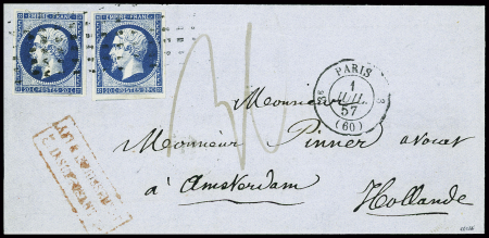 N°14, 2 pièces obl roulette de gros points + CAD "3e Paris 3 (60)" (1857) sur lettre taxée pour Amsterdam avec griffe rouge encadrée Affranchissement insuffisant"