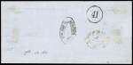 N°14, 2 pièces obl roulette de gros points + CAD "3e Paris 3 (60)" (1857) sur lettre taxée pour Amsterdam avec griffe rouge encadrée Affranchissement insuffisant"