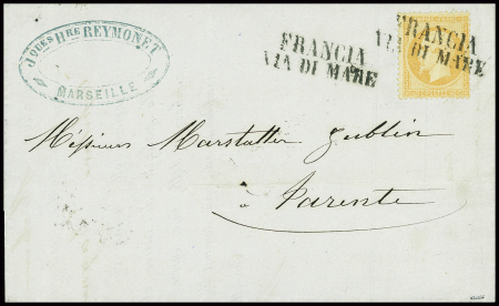N°23 obl griffe noire "Francia via di Mare" répétée à côté sur lettre de Marseille pour Tarente (Salles n°659), ind 20. Jolie pîèce