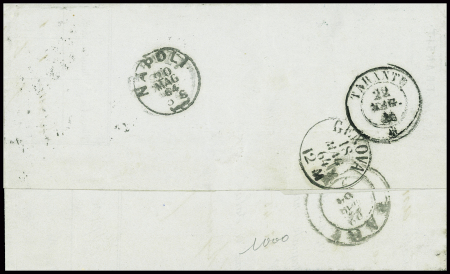 N°23 obl griffe noire "Francia via di Mare" répétée à côté sur lettre de Marseille pour Tarente (Salles n°659), ind 20. Jolie pîèce