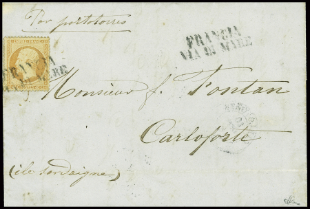 N°23 obl griffe noire "Francia di Mare" répétée à côté (Salles n°659) sur lettre pour Carloforte (Italie), ind 20. TB