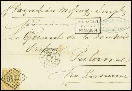 N°23 obl GC 2240 + T15 "4 Marseille 4 (12)" (1866) + griffe noire encadrée "Piroscafi postali francesi" sur lettre pour Palerme. TB