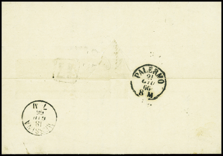 N°23 obl GC 2240 + T15 "4 Marseille 4 (12)" (1866) + griffe noire encadrée "Piroscafi postali francesi" sur lettre pour Palerme. TB