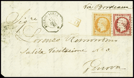 N°23 + 24 obl ancre + CAD octogonal "Buenos-Ayres *" (1863) (Salles n°1058) sur lettre pour Gênes via Bordeaux, ind 17. TB